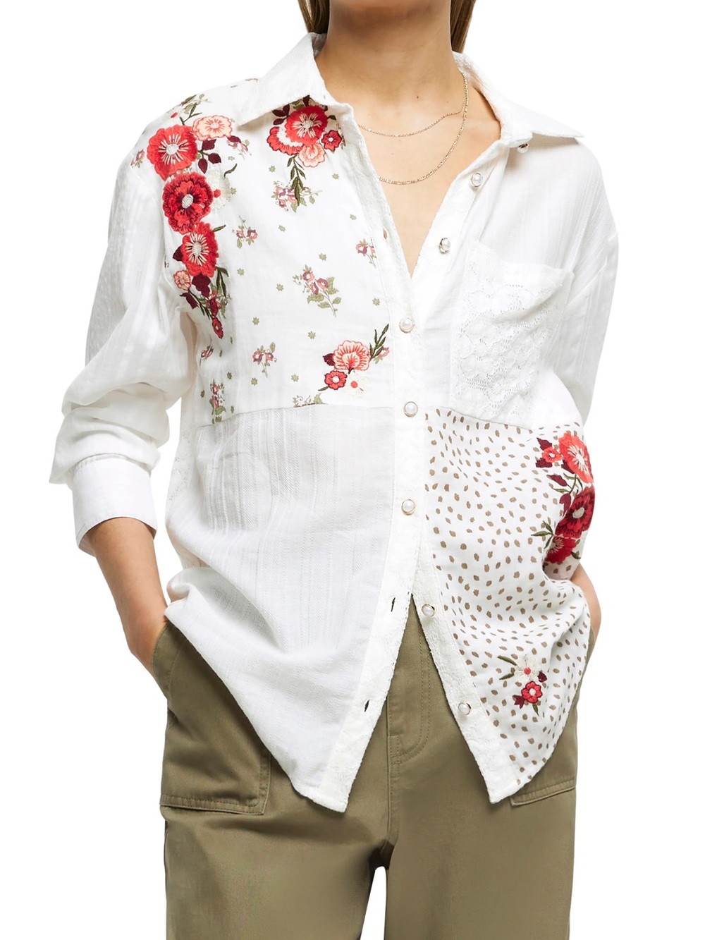 Women's White Button-Down Shirt with Red Floral Patchwork Size 6/M